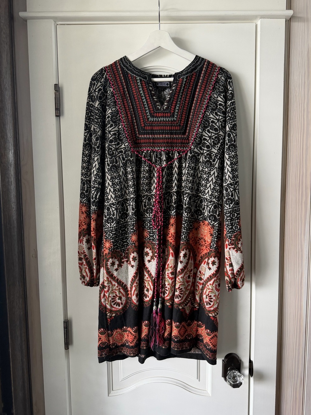 Angie Black Long-Sleeve Boho Dress with Rust & Cream Accents